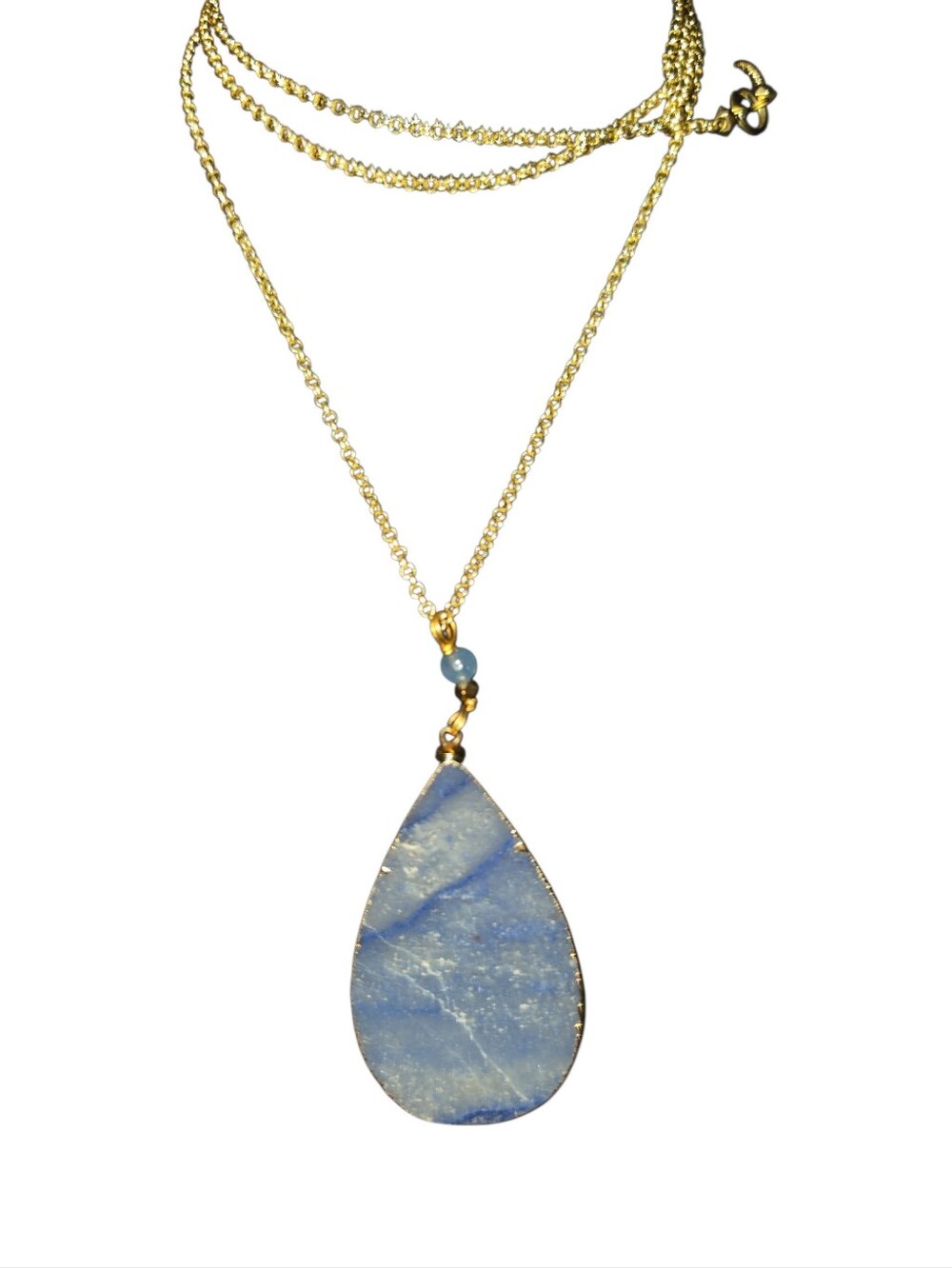 Gold Chain Necklace with Blue Teardrop Stone Pendant